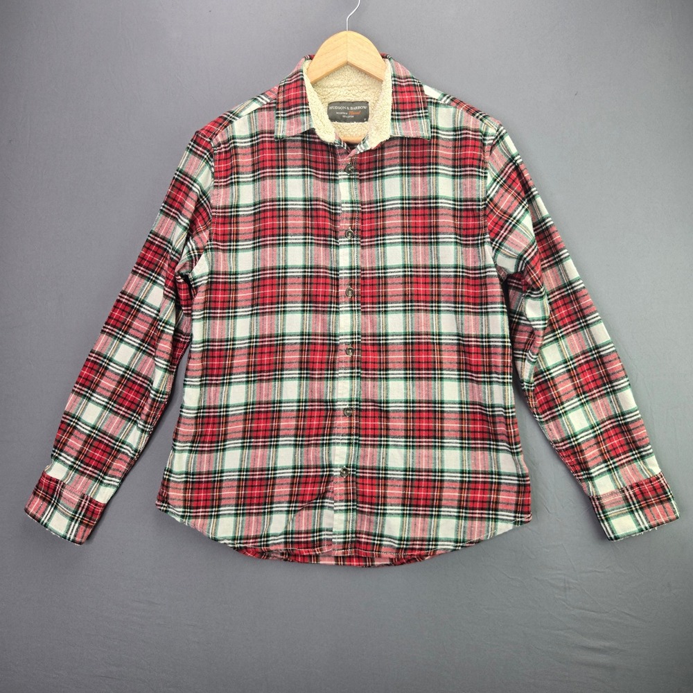 Hudson & Barrow Flannel Shirt Sherpa Collar M Red Plaid Button Up Mountain Top